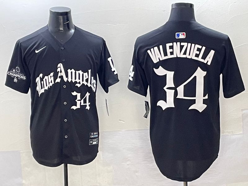 Men Los Angeles Dodgers 34 Valenzuela Black Five generations Joint Name 2025 Nike MLB Jersey style 36